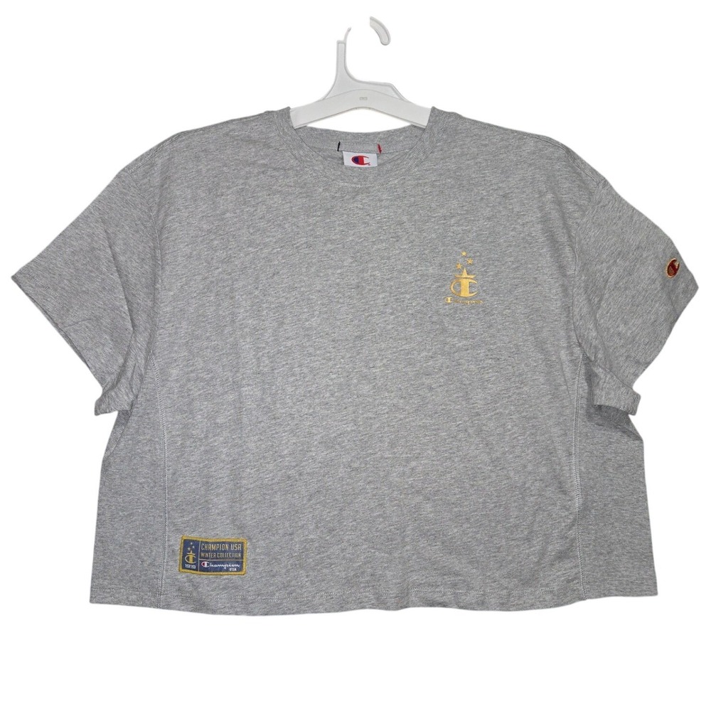 NWT Champion USA Winter Collection Cropped T-Shirt Gray Gold Logo Stars Large